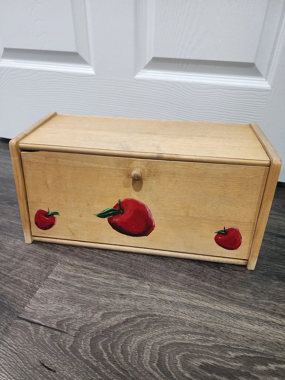 Wooden Bread Box with Red Apple Design